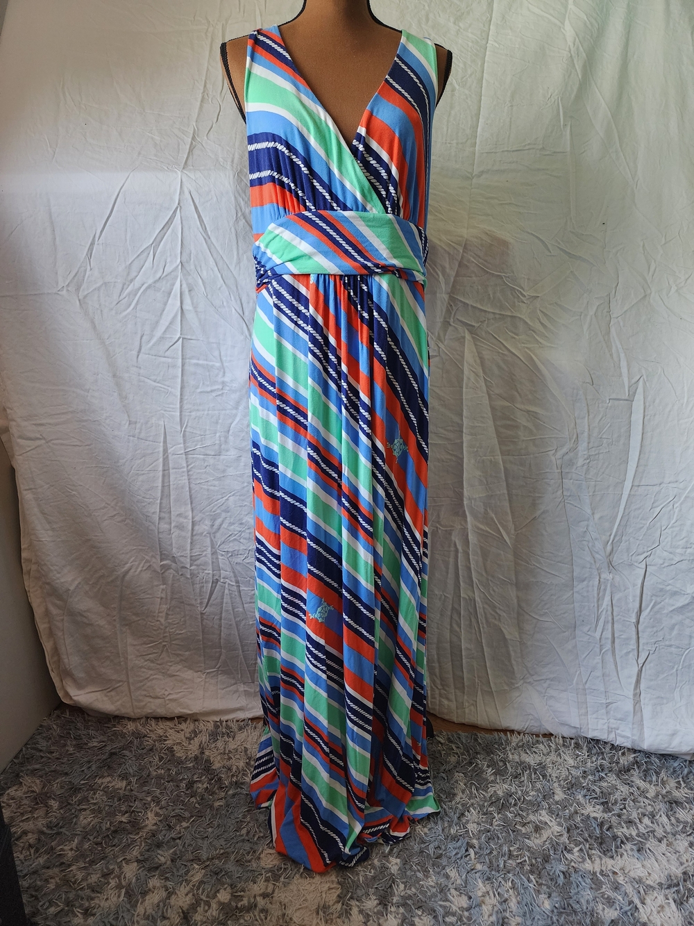 Lilly Pulitzer Nautical Striped V-Neck Maxi Dress in Blue, Mint & Orange